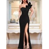 image:imageVFSHOW Womens Ruffle One Shoulder Formal Prom Gala Maxi Dress Evening Gown  V Neck Bodycon Sexy High Slit Long Cocktail Wedding Guest Dresses Party BridesmaidSparkly Black