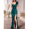 image:imageVFSHOW Womens Ruffle One Shoulder Formal Prom Gala Maxi Dress Evening Gown  V Neck Bodycon Sexy High Slit Long Cocktail Wedding Guest Dresses Party BridesmaidTeal Green Floral Print