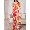 image:imageVFSHOW Womens Ruffle One Shoulder Formal Prom Gala Maxi Dress Evening Gown  V Neck Bodycon Sexy High Slit Long Cocktail Wedding Guest Dresses Party BridesmaidOrange Purple Floral Print