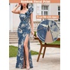 image:imageVFSHOW Womens Ruffle One Shoulder Formal Prom Gala Maxi Dress Evening Gown  V Neck Bodycon Sexy High Slit Long Cocktail Wedding Guest Dresses Party BridesmaidDenim Blue Floral Print