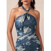 image:imageVFSHOW Womens Sexy Halter Neck Cocktail Wedding Guest Bodycon Maxi Dress  Ruched Crisscross Waist Flattering Mesh Long Evening Party Dresses Semi Formal Bridal Shower BirthdayBlue Floral Print