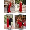 image:imageVFSHOW Womens Sexy Halter Neck Cocktail Wedding Guest Bodycon Maxi Dress  Ruched Crisscross Waist Flattering Mesh Long Evening Party Dresses Semi Formal Bridal Shower BirthdayRed