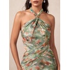 image:imageVFSHOW Womens Sexy Halter Neck Cocktail Wedding Guest Bodycon Maxi Dress  Ruched Crisscross Waist Flattering Mesh Long Evening Party Dresses Semi Formal Bridal Shower BirthdayGreen Multi Floral Print