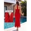 image:imageVFSHOW Womens Sexy Halter Neck Cocktail Wedding Guest Bodycon Maxi Dress  Ruched Crisscross Waist Flattering Mesh Long Evening Party Dresses Semi Formal Bridal Shower BirthdayRed