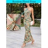 image:imageVFSHOW Womens Sexy Halter Neck Cocktail Wedding Guest Bodycon Maxi Dress  Ruched Crisscross Waist Flattering Mesh Long Evening Party Dresses Semi Formal Bridal Shower BirthdayGreen Multi Floral Print