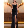 image:imageVFSHOW Womens Sexy Spaghetti Strap Formal Prom Evening Gala Long Maxi Dress  Ruched Hight Slit Sweetheart Cocktail Wedding Guest Fitted Bodycon GownBlack Velvet