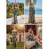 image:imageVFSHOW Womens Sexy Spaghetti Strap Formal Prom Evening Gala Long Maxi Dress  Ruched Hight Slit Sweetheart Cocktail Wedding Guest Fitted Bodycon GownGreen With Orange Floral Print