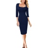 image:imageVFSHOW Womens Vintage Square Neck Work Office Business Casual Bodycon Dress  34 Sleeve Elegant Cocktail Party Professional Career Funeral Slim Church Pencil Sheath DressesNavy Blue