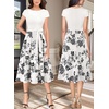image:imageVFSHOW Womens Work Business Casual Church Pockets Belted ALine Midi Dress  Elegant Patchwork Office Spring Summer Pleated Fit and Flare MidCalf DressesOffwhite  Black Floral Print