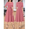 image:imageVFSHOW Womens Work Business Casual Church Pockets Belted ALine Midi Dress  Elegant Patchwork Office Spring Summer Pleated Fit and Flare MidCalf DressesPink
