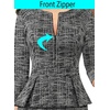 image:imageVFSHOW Womens Work Business Office Front Zipper Peplum Church Sheath Dress  34 Sleeves Elegant Spring Fall Church Funeral Slimming Fitted Bodycon DressBlack and White Tweed
