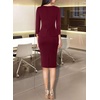 image:imageVFSHOW Womens Work Business Office Front Zipper Peplum Church Sheath Dress  34 Sleeves Elegant Spring Fall Church Funeral Slimming Fitted Bodycon DressDark Red