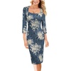 image:imageVFSHOW Womens Cocktail Party Sexy Square Neck 34 Sleeve Dresses Evening Elegant Casual Wedding Guest Bodycon Pencil Sheath Dress Blue Cream Floral Print XXXLarge 12565 BLU 3XL