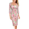 image:imageVFSHOW Womens Cocktail Party Sexy Square Neck 34 Sleeve Dresses Evening Elegant Casual Wedding Guest Bodycon Pencil Sheath Dress Pink Floral Print XXXLarge 12556 PIK 3XL