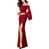 image:imageVFSHOW Womens Formal Prom Off Shoulder Ruffle Bell Sleeve Gala Maxi Dress  Sexy High Slit Wedding Guest Party Black Tie Ball Long Cocktail Evening GownRed Floral Lace Black Lining