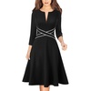 image:imageVFSHOW Womens Front Zipper Work Business Casual Office Church A Line Dress  34 Sleeves Elegant Professional Crisscross Waist Knee Length Slim Fit and Flare Skater DressesBlack With White Piping