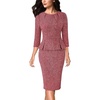 image:imageVFSHOW Womens Pleated Crew Neck Peplum Slim Work Business Bodycon Dress  34 Sleeves Professional Elegant Church Funeral Spring Fall Fitted Office Pencil Sheath DressRed Tweedc