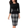 image:imageVFSHOW Womens Pleated Crew Neck Peplum Slim Work Business Bodycon Dress  34 Sleeves Professional Elegant Church Funeral Spring Fall Fitted Office Pencil Sheath DressBlack White Tartan Printa