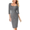 image:imageVFSHOW Womens Vintage Square Neck Work Office Business Casual Bodycon Dress  34 Sleeve Elegant Cocktail Party Professional Career Funeral Slim Church Pencil Sheath DressesBlack Tweed