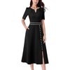 image:imageVFSHOW Womens Work Office Business Church Cocktail Pocket A Line Midi Dress  Pleated Notch V Neck Buttons Front Split Professional Slim Fit and Flare MidCalf DressBlack and White Trim
