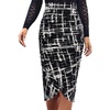 image:imageWomens Ruched Ruffle High Waist Asymmetric Wrap Casual Wok Office Party Slim Fitted Bodycon Pencil Midi MidCalf SkirtBlack and White Geometric Print