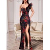 image:imageVFSHOW Womens Ruffle One Shoulder Formal Prom Gala Maxi Dress Evening GownBlack With Red Floral Print