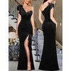 image:imageVFSHOW Womens Ruffle One Shoulder Wedding Formal Prom Evening Maxi DressBlack Velvet