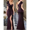 image:imageVFSHOW Womens Ruffle One Shoulder Wedding Formal Prom Evening Maxi DressBlack With Purple Metallic Stitching