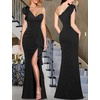 image:imageVFSHOW Womens Ruffle One Shoulder Wedding Formal Prom Evening Maxi DressSparkly Black