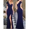image:imageVFSHOW Womens Ruffle One Shoulder Wedding Formal Prom Evening Maxi DressSparkly Dark Blue