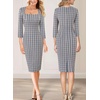 image:imageVFSHOW Womens Vintage Square Neck Work Office Business Casual Bodycon DressBlue Plaid Tweed