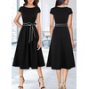 image:imageVFSHOW Womens Work Business Casual Church Pockets Belted ALine Midi DressBlackwhite Piping