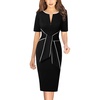 image:imageVFSHOW Womens Front Zipper Tie Waist Bow Work Business Office Pencil DressBlack and White Piping