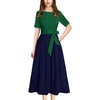 image:imageVFSHOW Womens Work Business Casual Church Pockets Belted ALine Midi DressGreen and Navy Blue