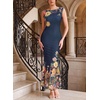 image:imageVFSHOW Womens Boat Neck Cocktail Wedding Guest Bodycon Evening Long DressDark Blue and Multi Floral Print