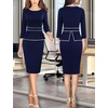 image:imageVFSHOW Womens Work Business Office Front Zipper Peplum Church Sheath DressNavy Bluewhite Piping