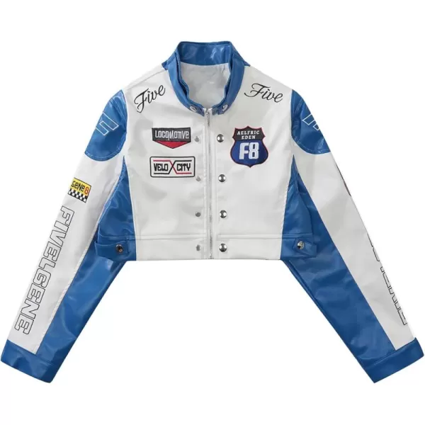 Aelfric Eden Leather Jacket Varsity Jacket for Women Color Block Bomber Vintage Crop Racing JacketsA1blue