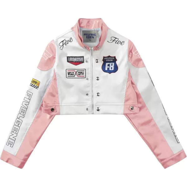 Aelfric Eden Leather Jacket Varsity Jacket for Women Color Block Bomber Vintage Crop Racing JacketsA1light Pink
