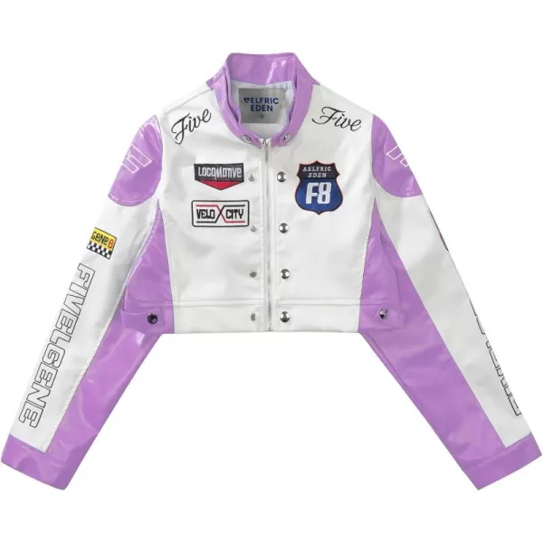 Aelfric Eden Leather Jacket Varsity Jacket for Women Color Block Bomber Vintage Crop Racing JacketsA1light Purple