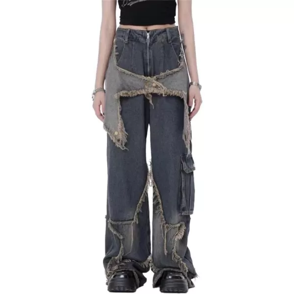 Aelfric Eden Mens Patchwork Jeans Women High Waisted Vintage Straight Trousers Streetwear JeansAb1blue