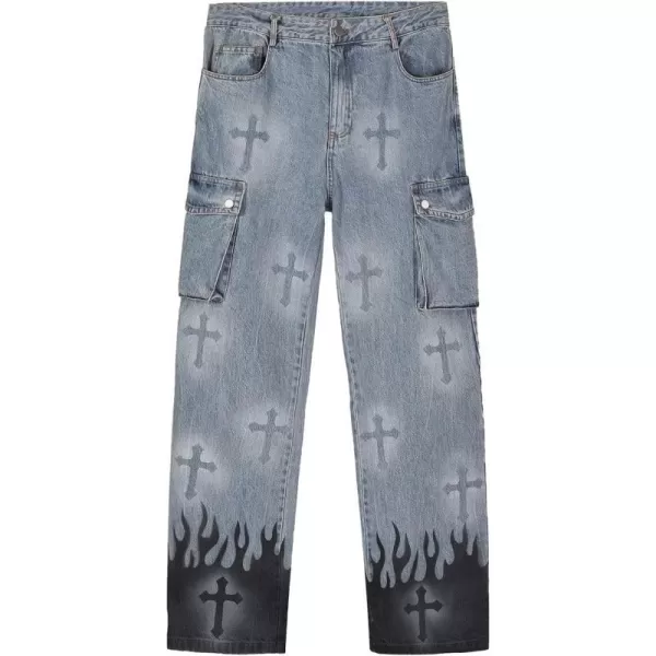 Aelfric Eden Mens Patchwork Jeans Women High Waisted Vintage Straight Trousers Streetwear JeansBlue Flame