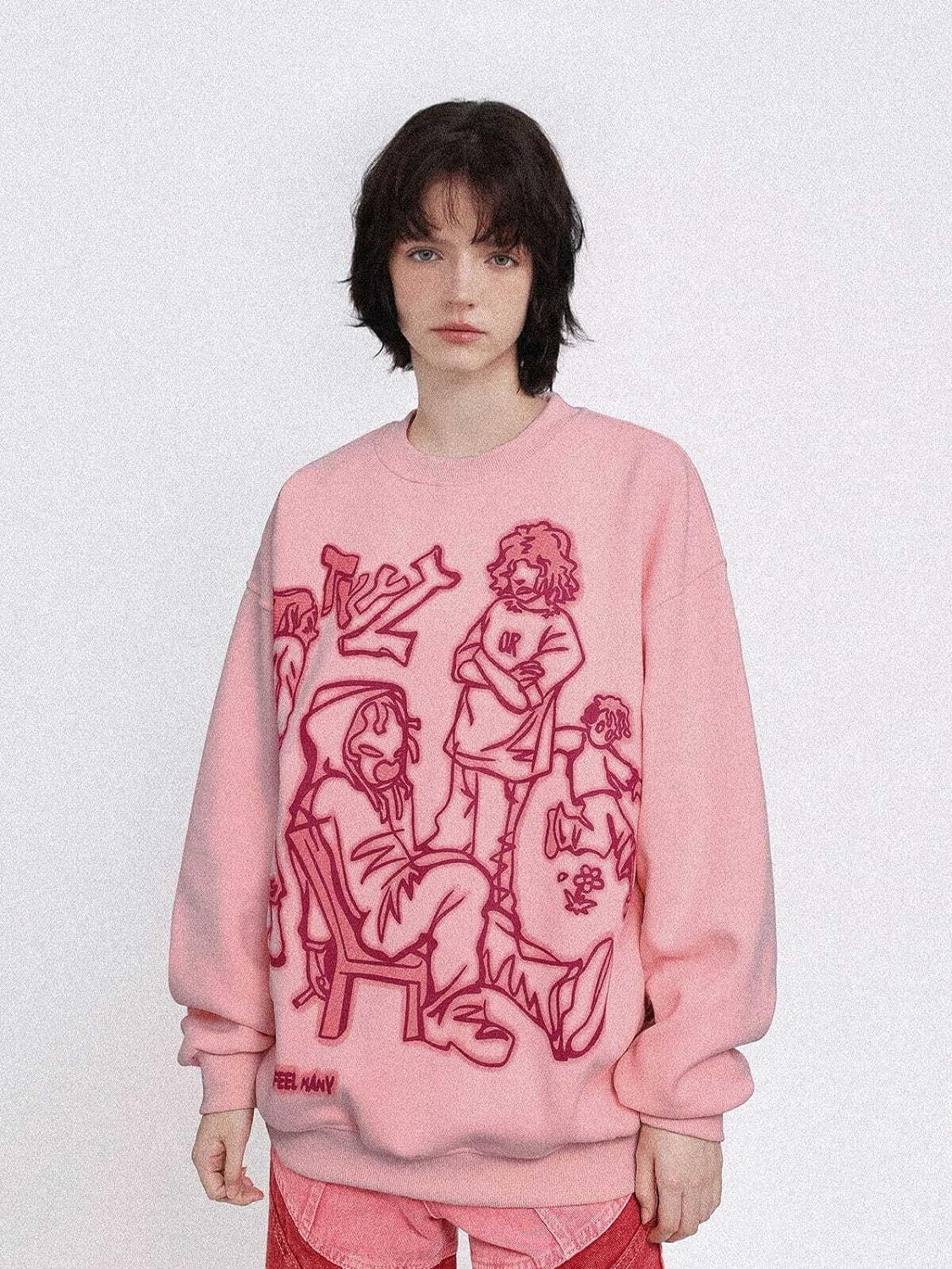 Aelfric Eden Oversized Crewneck Sweatshirts for Men Vintage Graphic Pullover Loose Fit Streetwear Long Sleeve TopA01pink