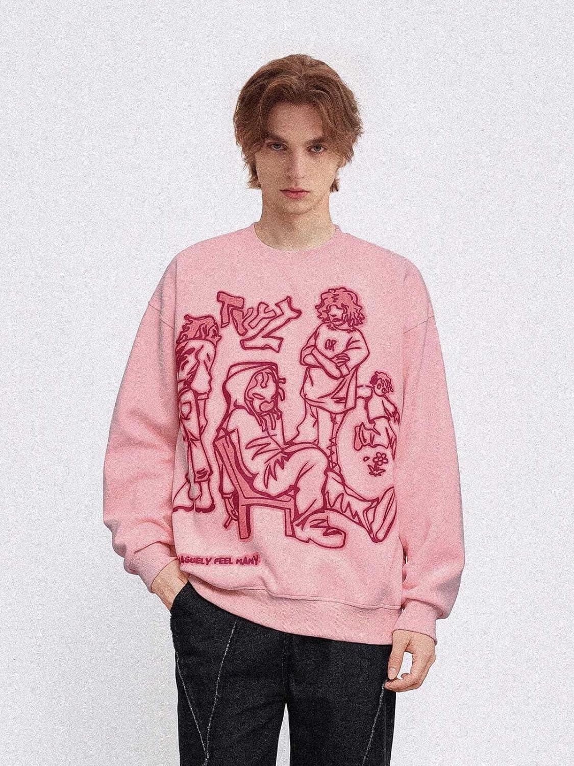 Aelfric Eden Oversized Crewneck Sweatshirts for Men Vintage Graphic Pullover Loose Fit Streetwear Long Sleeve TopA01pink