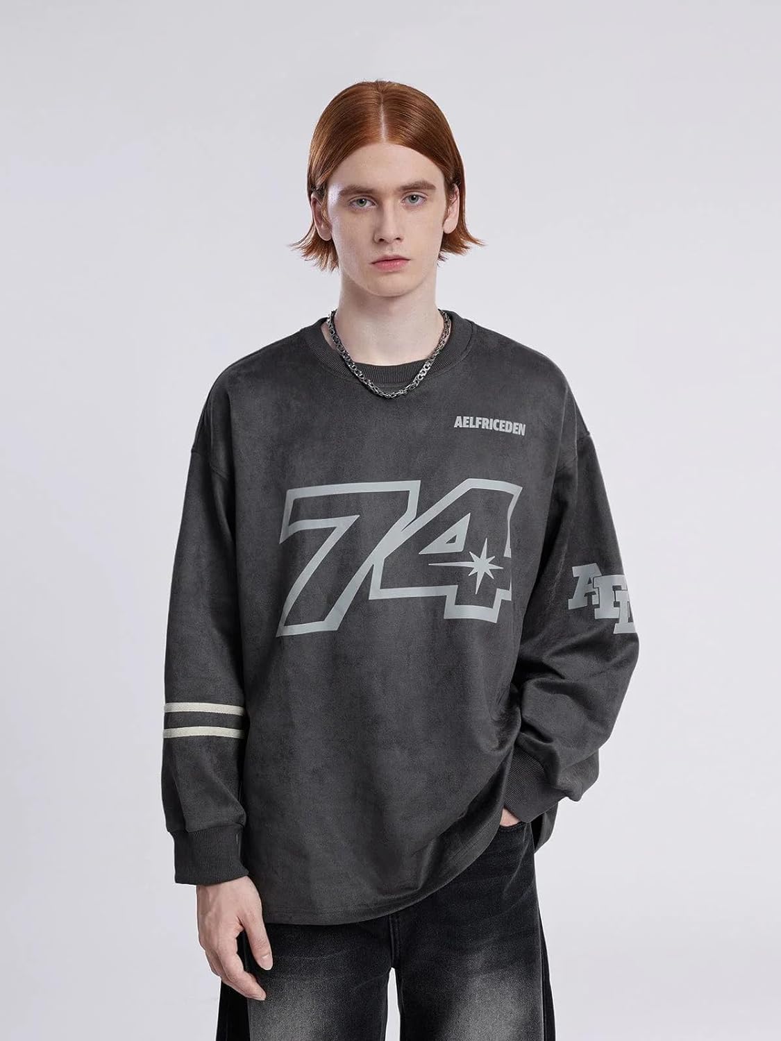 Aelfric Eden Oversized Crewneck Sweatshirts for Men Vintage Graphic Pullover Loose Fit Streetwear Long Sleeve TopD01grey