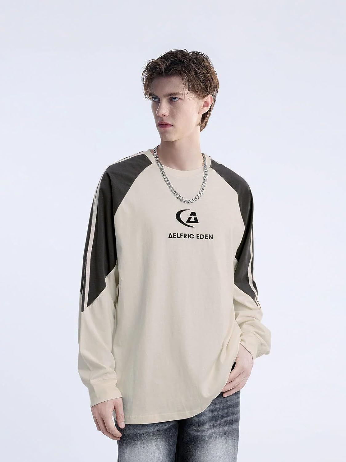 Aelfric Eden Oversized Crewneck Sweatshirts for Men Vintage Graphic Pullover Loose Fit Streetwear Long Sleeve TopD04dynamic Stripesampbeige