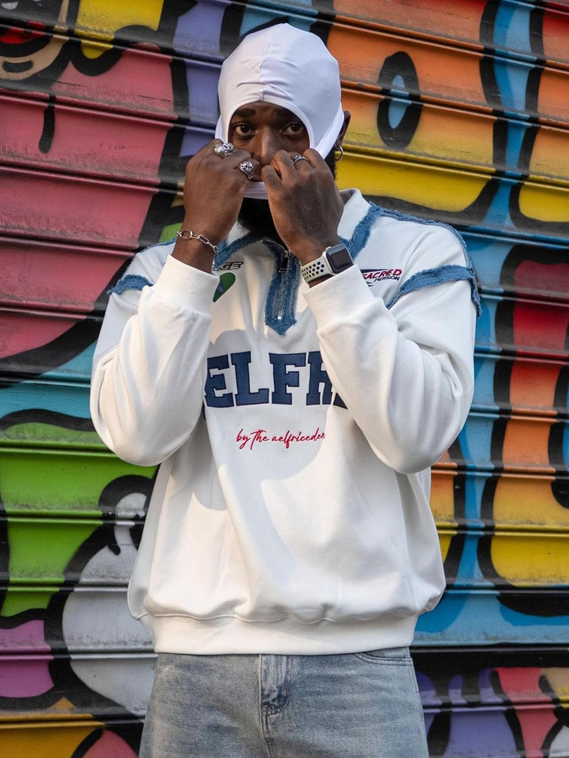 Aelfric Eden Oversized Crewneck Sweatshirts for Men Vintage Graphic Pullover Loose Fit Streetwear Long Sleeve TopE02embroidery Patchwork Polo amp White