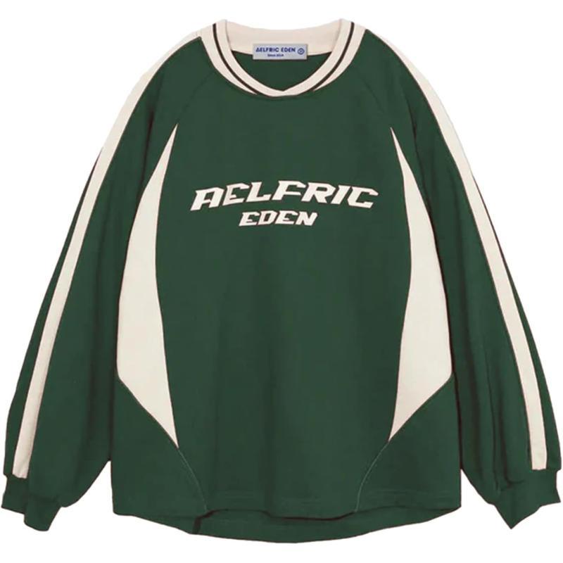 Aelfric Eden Oversized Crewneck Sweatshirts for Men Vintage Graphic Pullover Loose Fit Streetwear Long Sleeve TopApatchwork amp Green