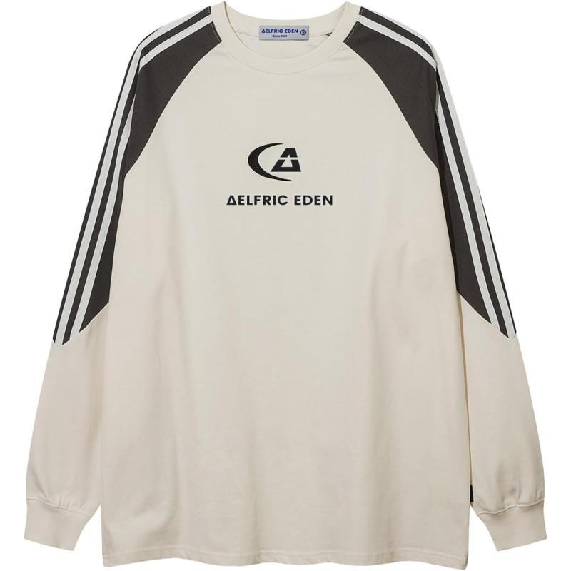 Aelfric Eden Oversized Crewneck Sweatshirts for Men Vintage Graphic Pullover Loose Fit Streetwear Long Sleeve TopD04dynamic Stripesampbeige