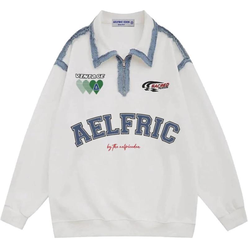 Aelfric Eden Oversized Crewneck Sweatshirts for Men Vintage Graphic Pullover Loose Fit Streetwear Long Sleeve TopE02embroidery Patchwork Polo amp White
