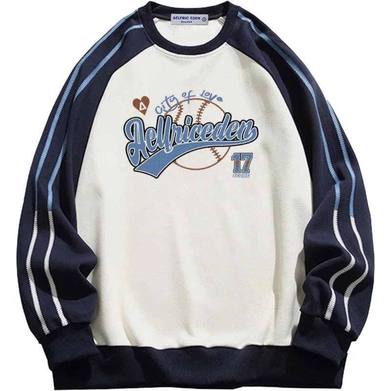 Aelfric Eden Oversized Crewneck Sweatshirts for Men Vintage Graphic Pullover Loose Fit Streetwear Long Sleeve TopF02side Stripe amp Whiteblue